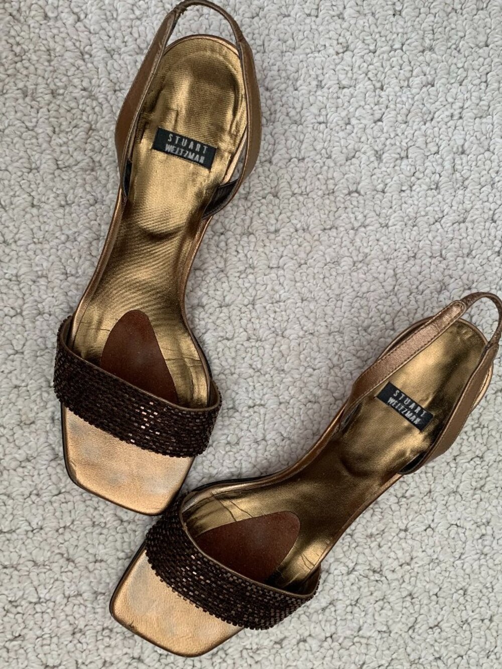 Bronze Bugle Beaded STUART WEITZMAN Heels, Leather Soles,  Size 7 1/2